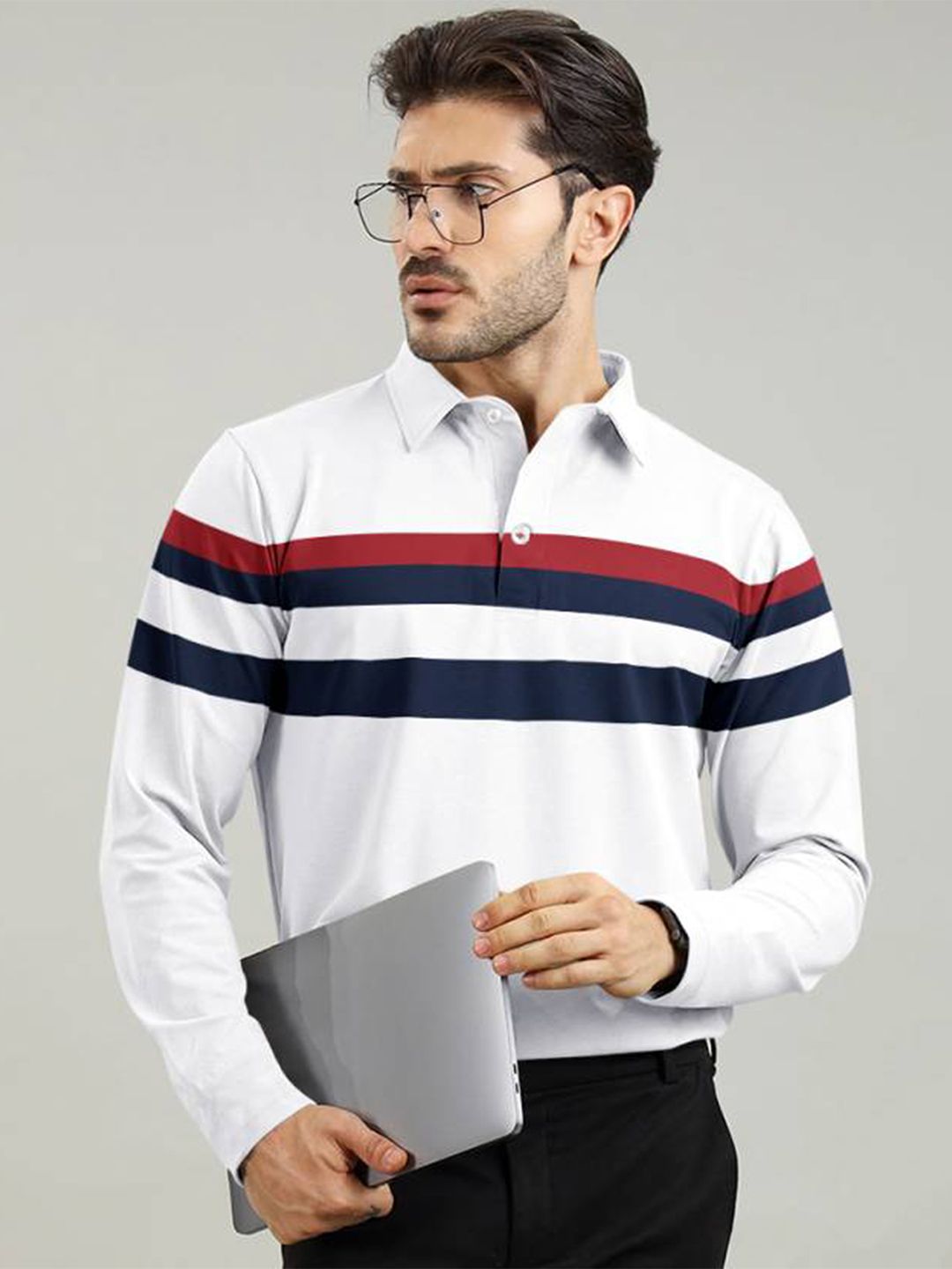 AUSK Men Striped Polo Collar Pure Cotton T-shirt