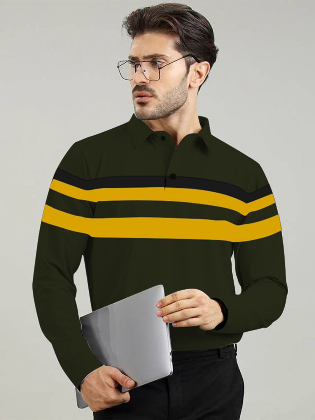AUSK Men Striped Polo Collar Extended Sleeves Cotton T-shirt