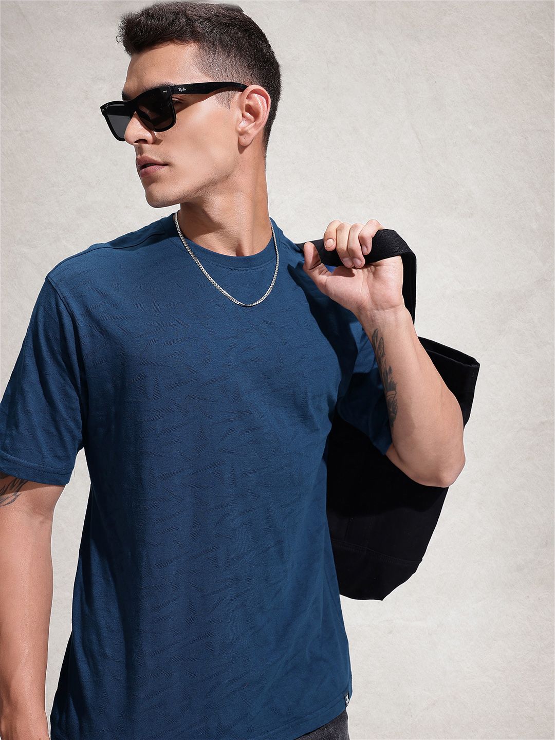 WROGN Oversized Fit Self Design Textured T-shirt