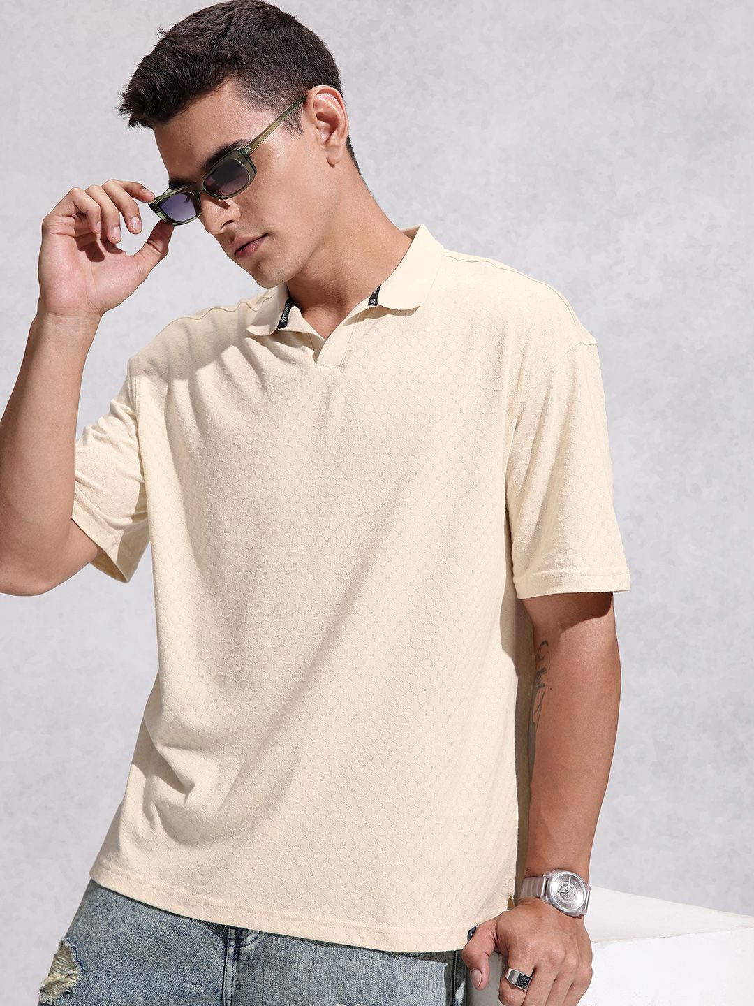 WROGN Self Design Textured Oversized Polo Collar T-shirt