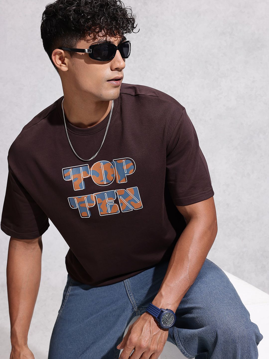 WROGN Typography Printed Drop-Shoulder Sleeves Cotton Oversized T-shirt