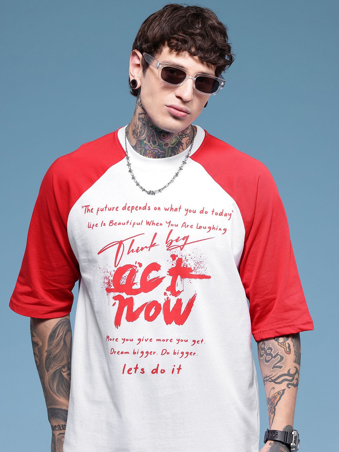 HERE&NOW Typography Printed Raglan Sleeves Pure Cotton Relaxed Fit T-shirt