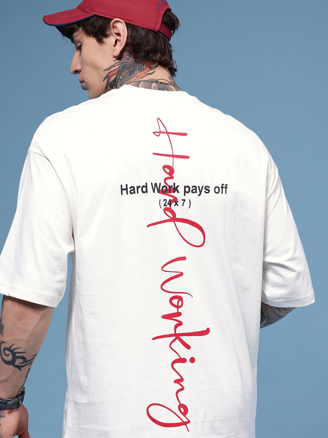 HERE&NOW Typography Printed Drop-Shoulder Sleeves Pure Cotton Oversized T-shirt