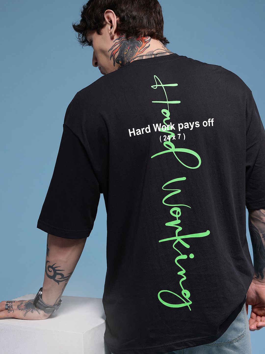 HERE&NOW Typography Printed Drop-Shoulder Sleeves Pure Cotton Oversized T-shirt