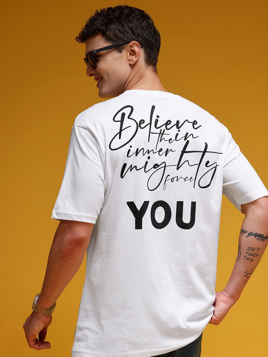 HERE&NOW Typography Printed Drop-Shoulder Sleeves Oversized Pure Cotton Longline T-shirt