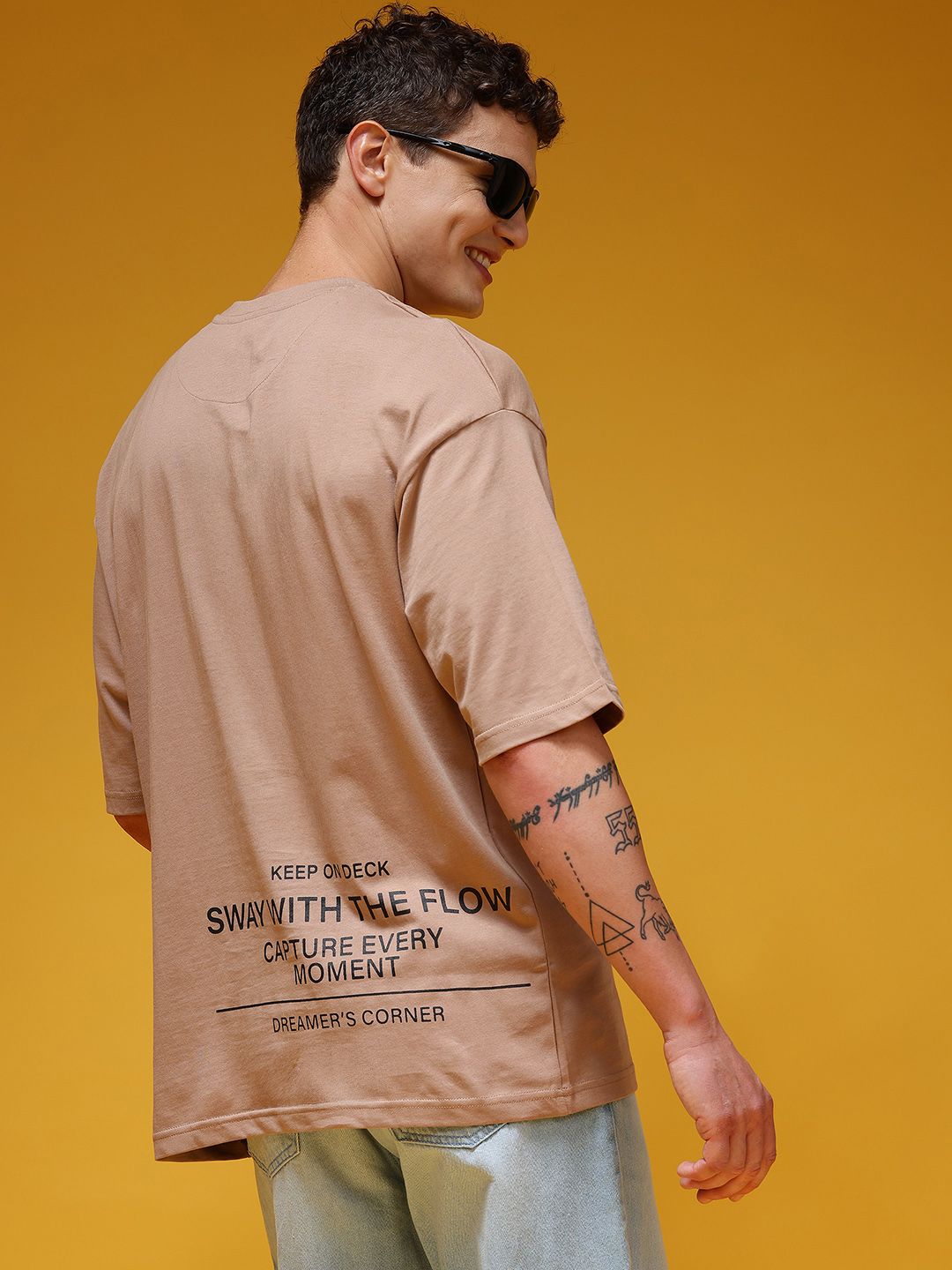HERE&NOW Typography Printed Drop-Shoulder Sleeves Pure Cotton Oversized Longline T-shirt