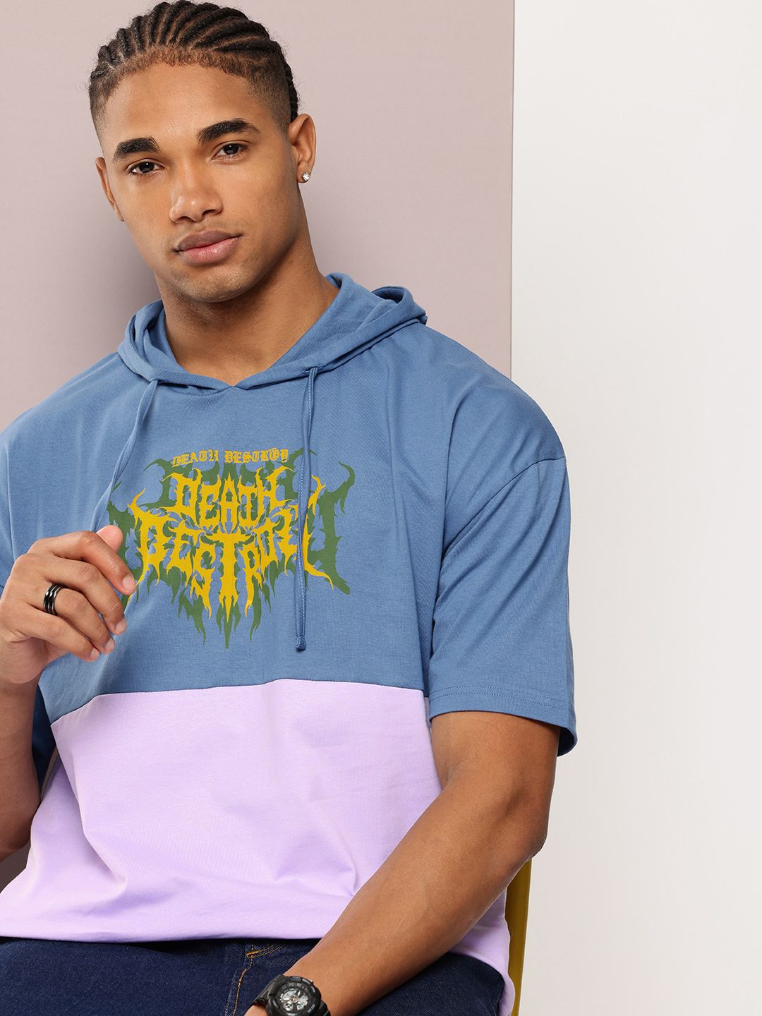 Kook N Keech Colourblocked Typography Printed Hooded Drop-Shoulder Sleeves T-shirt