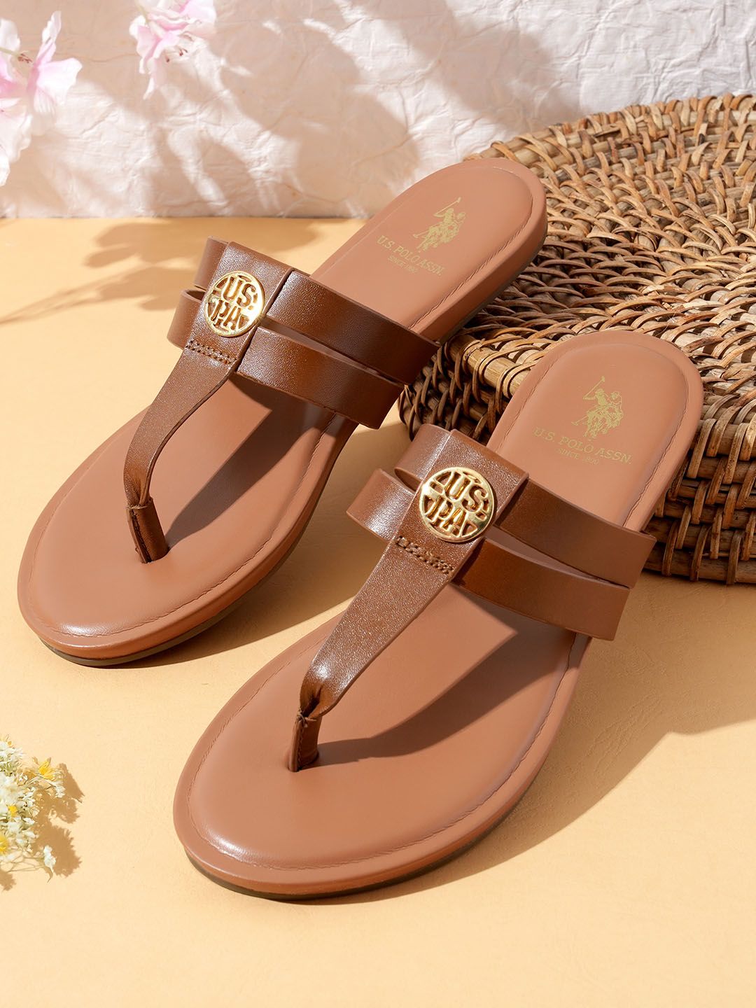 Women T-Strap Flats U.S. Polo Assn. Women Micky Tan Lightweight Footbed Flats