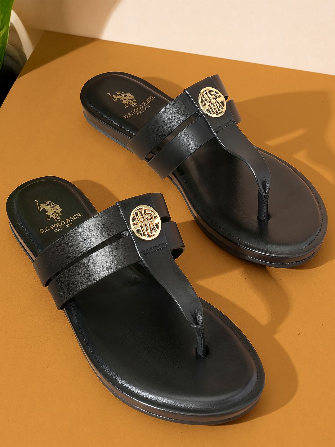 Women T-Strap Flats U.S. Polo Assn. Women Micky Black Lightweight Footbed Flats