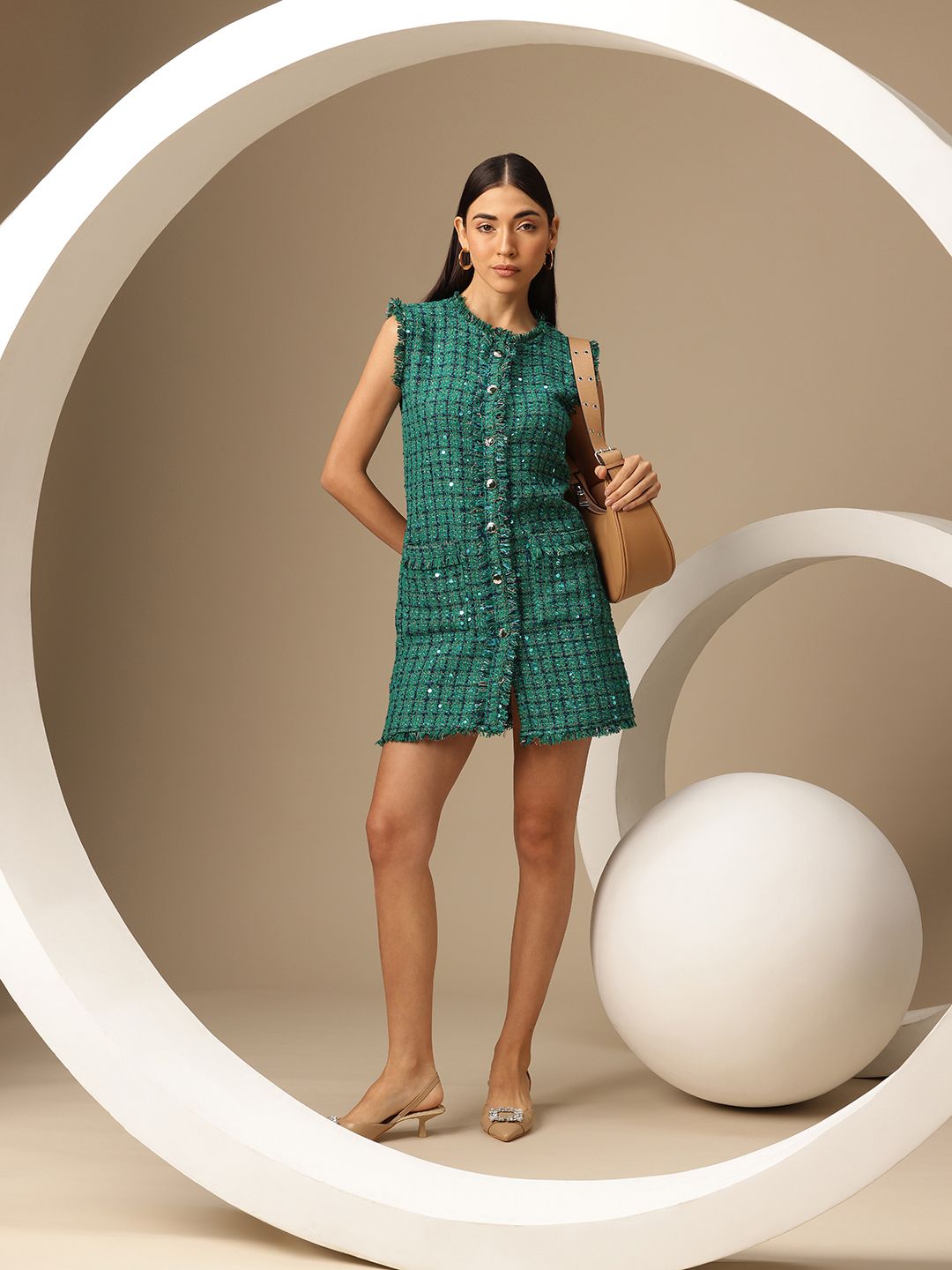 Buy Chemistry Checked Pure Wool Tweed A-Line Mini Dress - Dresses