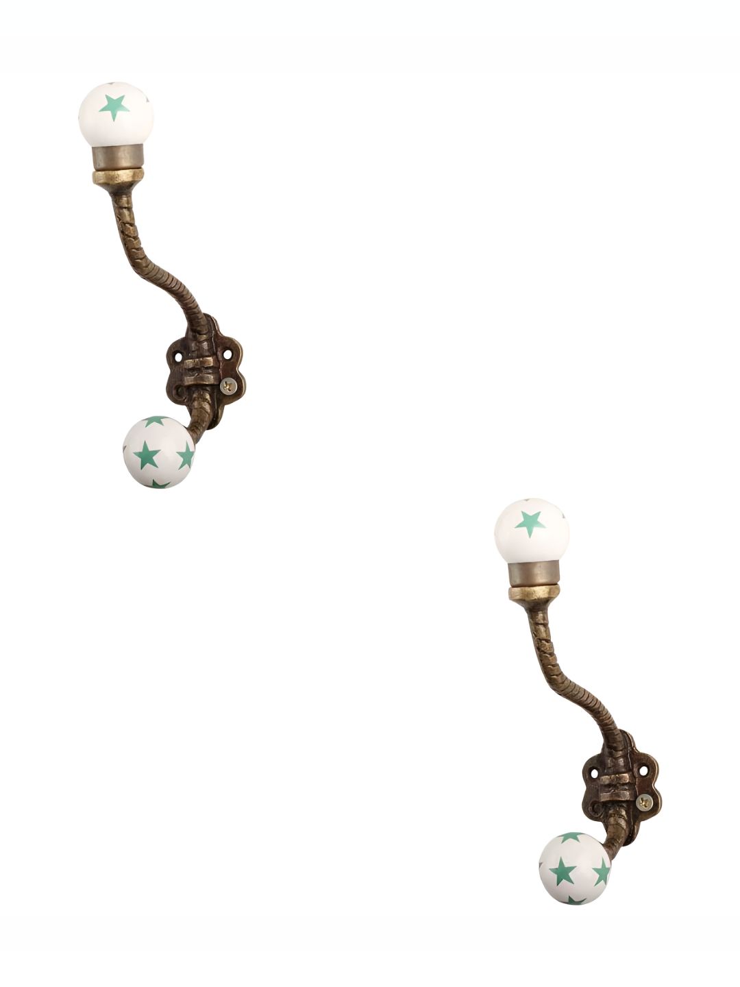 IndianShelf Green & White 2 Pieces Ceramic Star Floral Key Holder Cloth Hanger for Wall