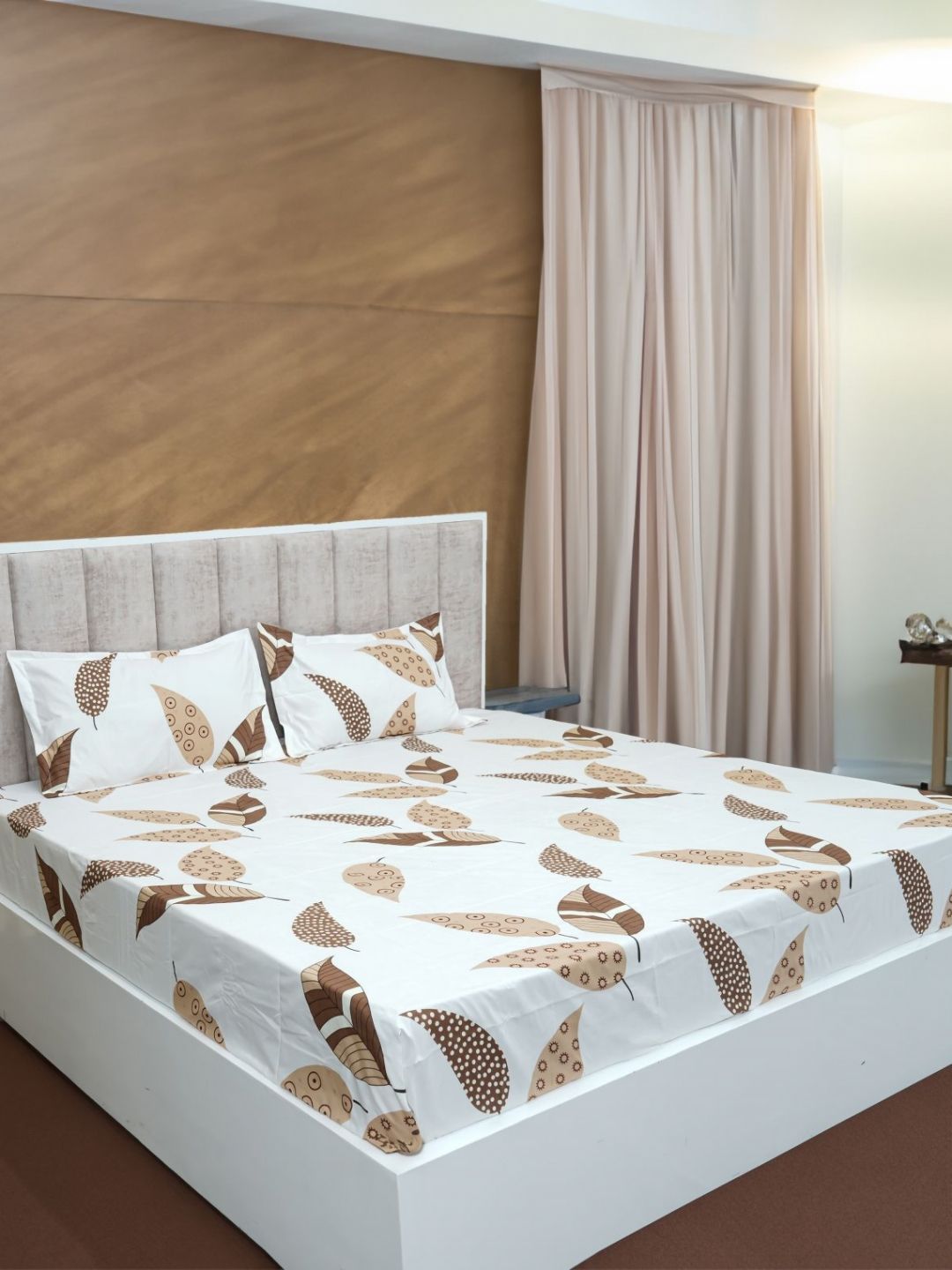 Aura White Leaf Microfiber 210 TC Queen Bedsheet with 2 Pillow Covers-90 x 100 inches