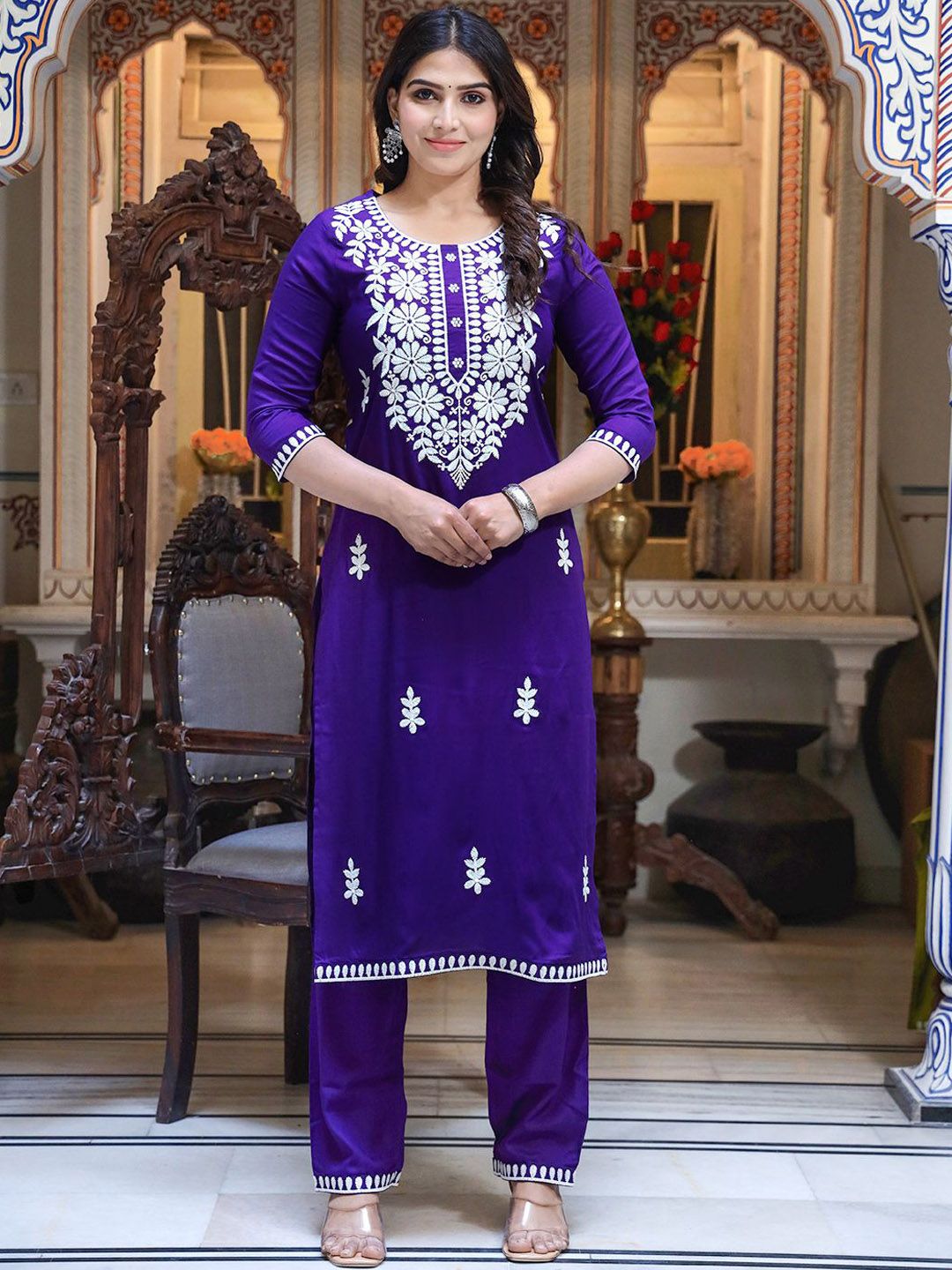 ELVISH JAIPUR Women Ethnic Motifs Embroidered Regular Chikankari Kurta with Trousers