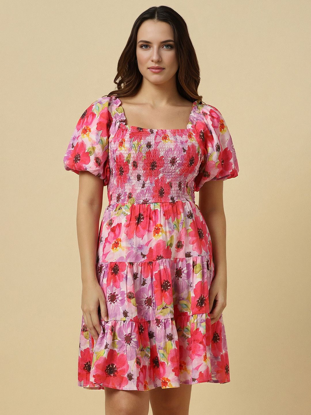 Allen Solly Woman Floral Print Smocked Fit & Flare Dress
