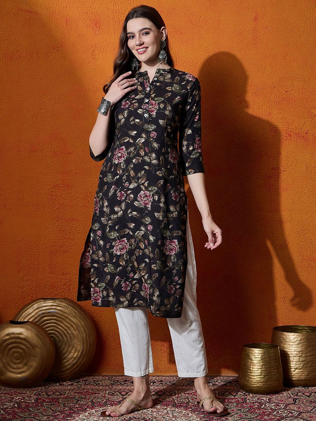 Anouk X fwd Floral Printed Chanderi Silk Straight Kurta