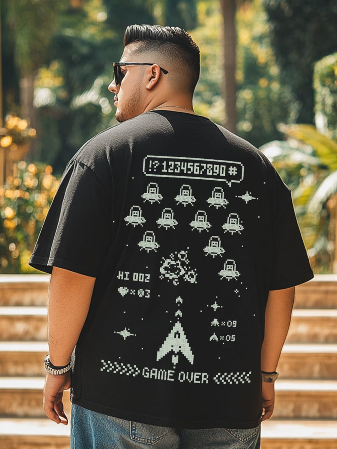 VEIRDO Men Plus Size Graphic Printed Round Neck Pure Cotton Relaxed Fit Oversize T-shirt