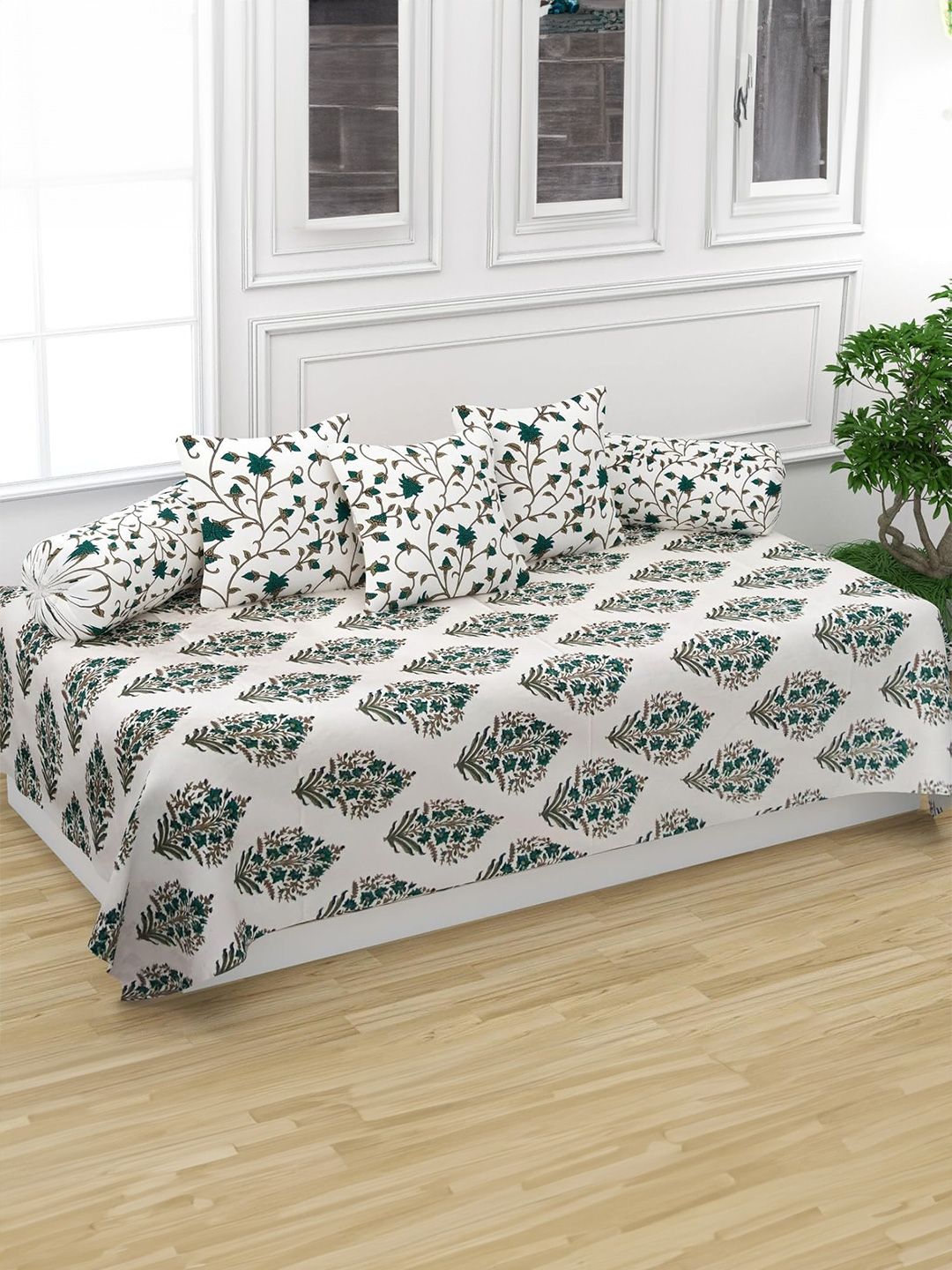 Trance Home Linen White 6 Pieces 108 TC Pure Cotton Ethnic Motifs Printed Diwan Set