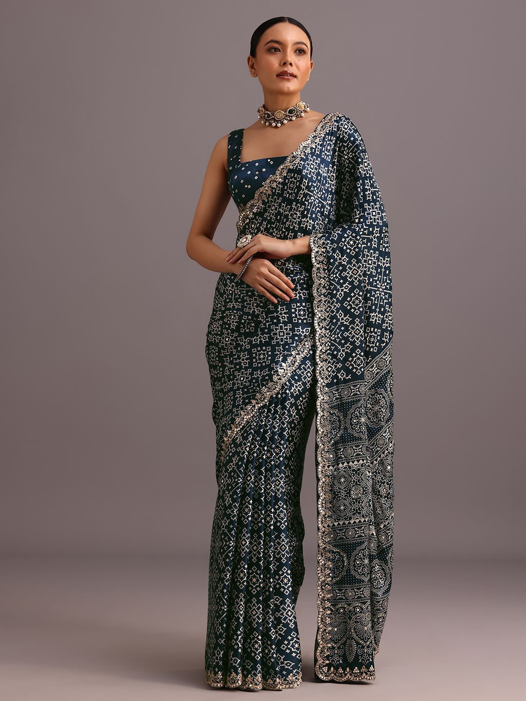 Ajrakh Printed Satin Saree KALKI Fashion Ajrakh Printed Mirror Work Satin Saree
