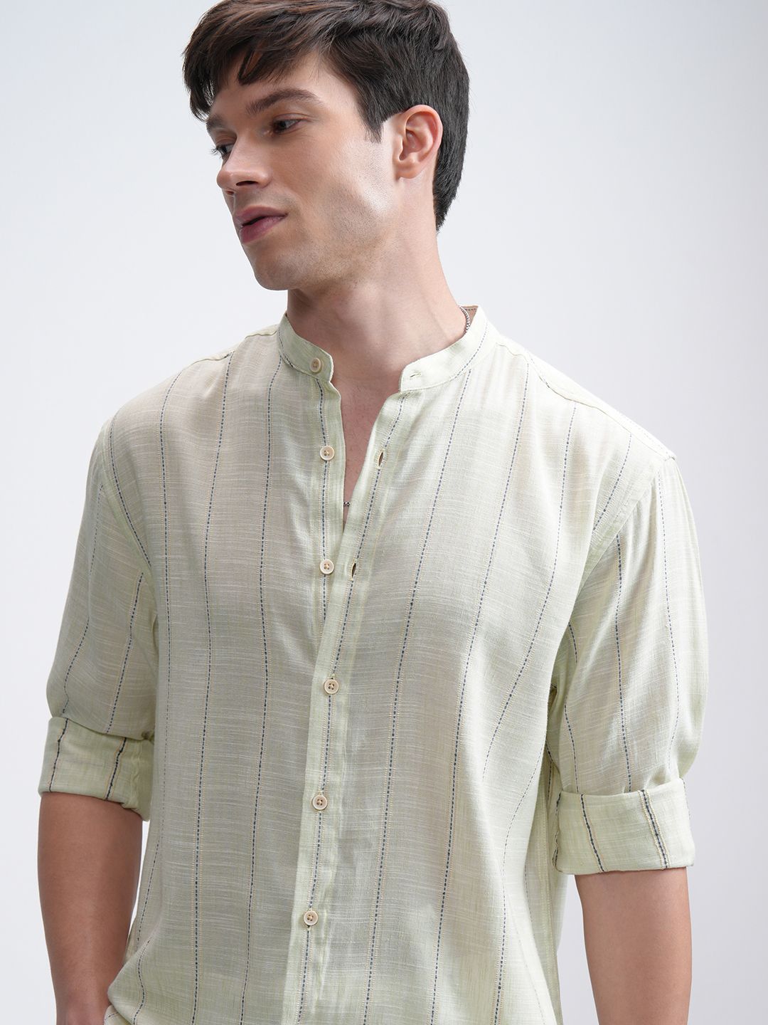HIGHLANDER Men Chinelle Yarn Textured Striped Mandarin Collar Relaxed Shirt