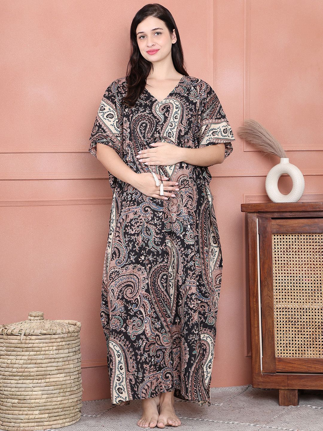 Secret Wish Ethnic Motifs Printed V-Neck Pure Cotton Maternity Maxi Kaftan Nightdress