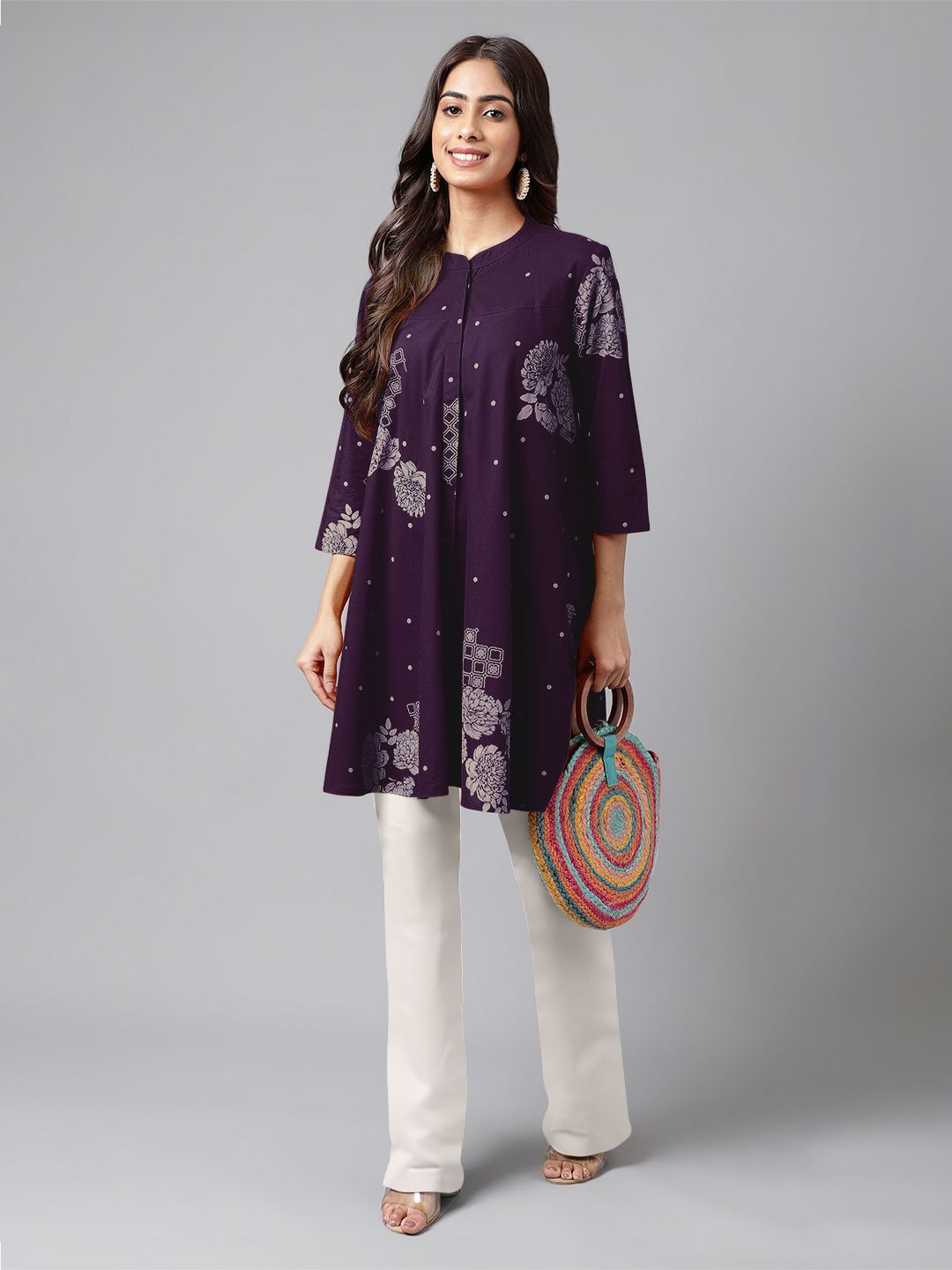 Janasya Women Pure Cotton Floral Printed Flared Tunic