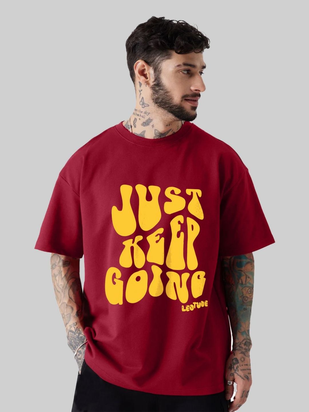 Leotude Men Typography Printed Round Neck Cotton Relaxed Fit T-shirt