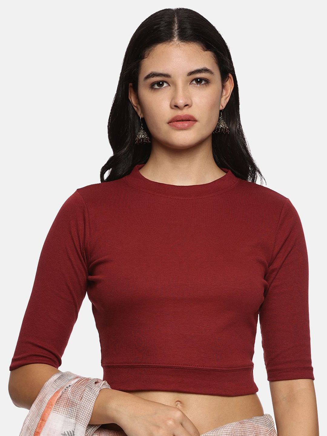 NOT YET by us NOT YET by us Elbow Sleeve Ribbed Stretch Saree Blouse