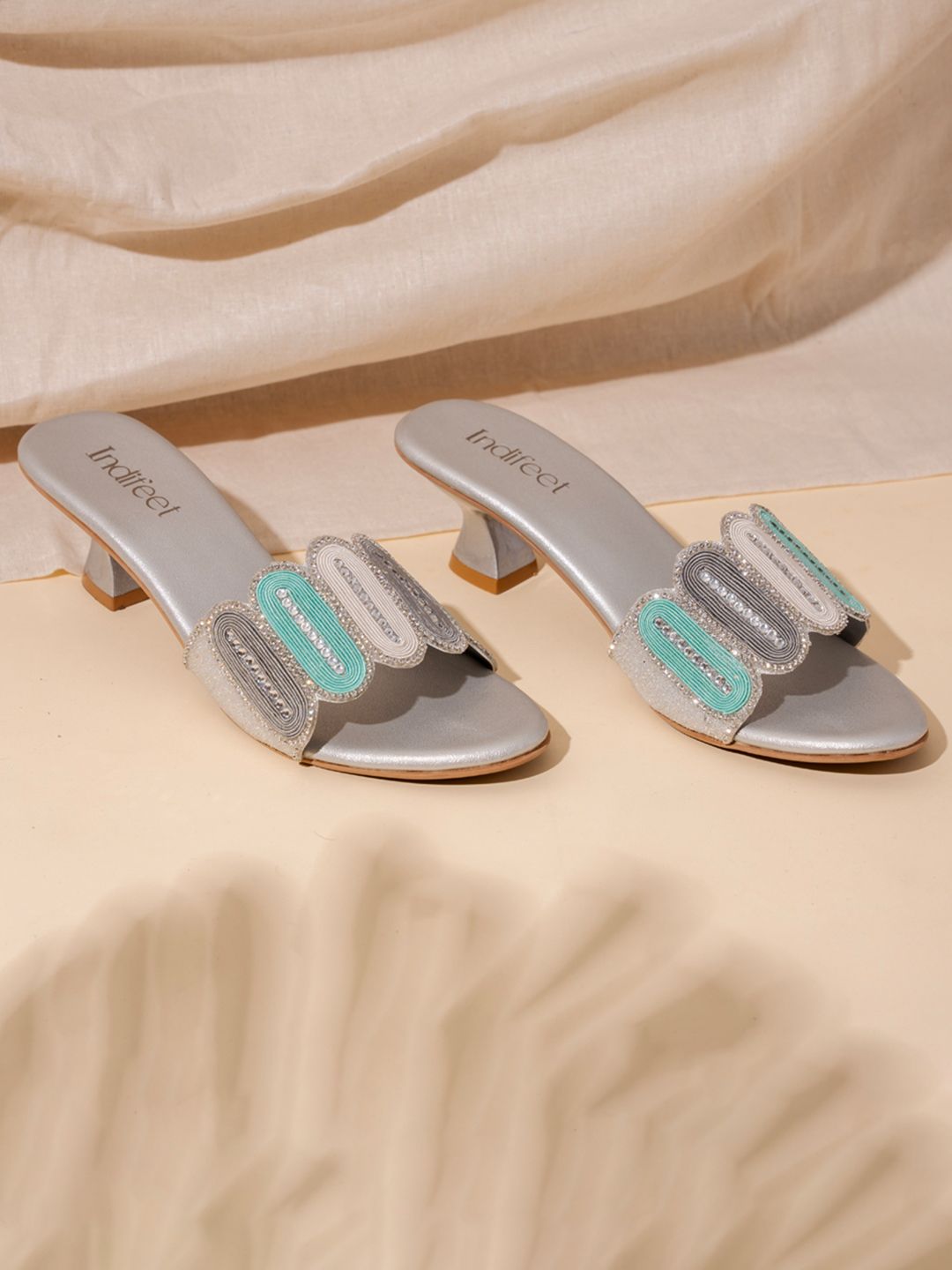 Indifeet Women Embellished Ethnic and Traditional Silver Kitten Heel Sandals