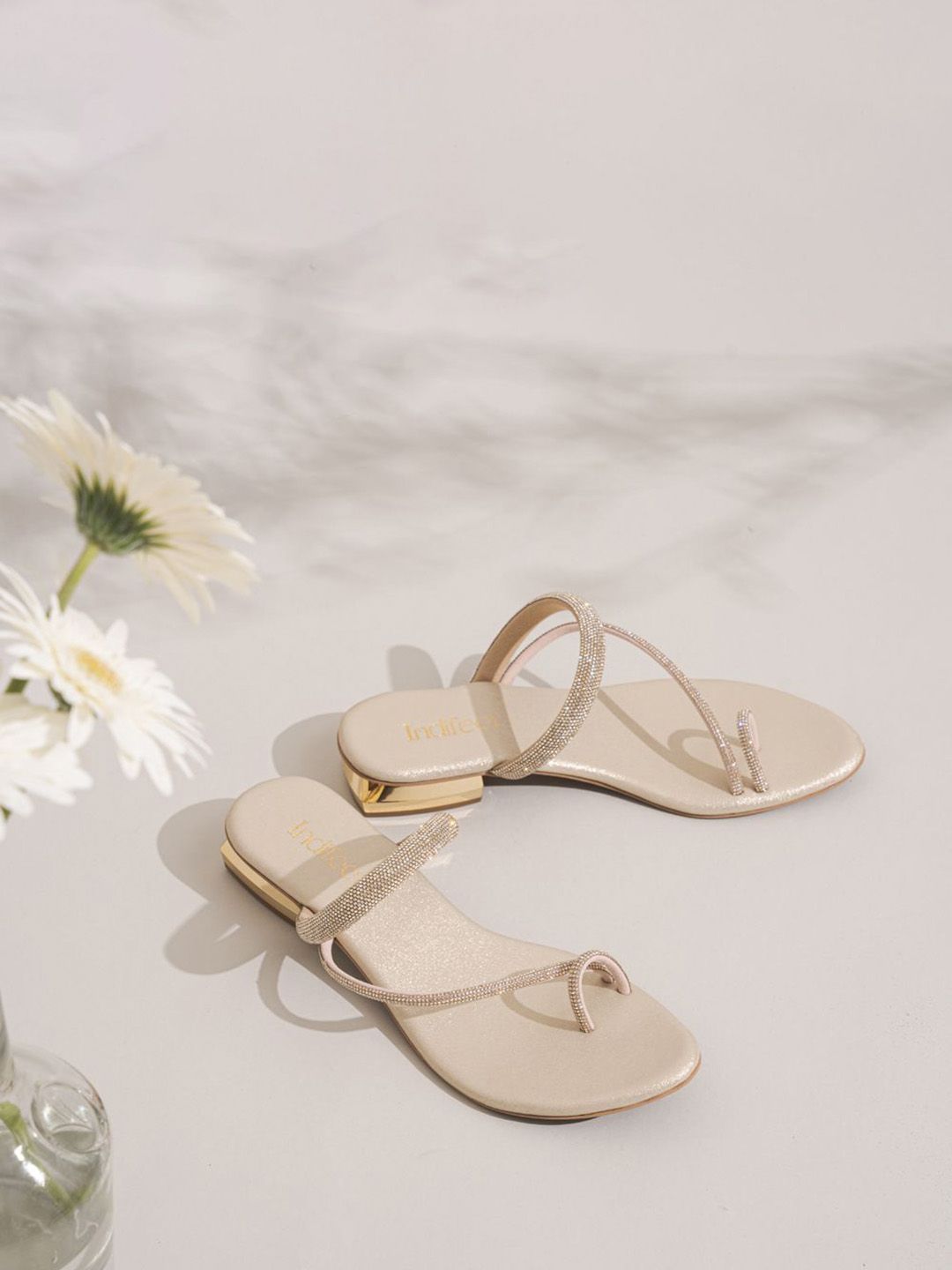 Indifeet Women Embellished Ethnic and Traditional Toe Ring Golden Block Heel Sandals