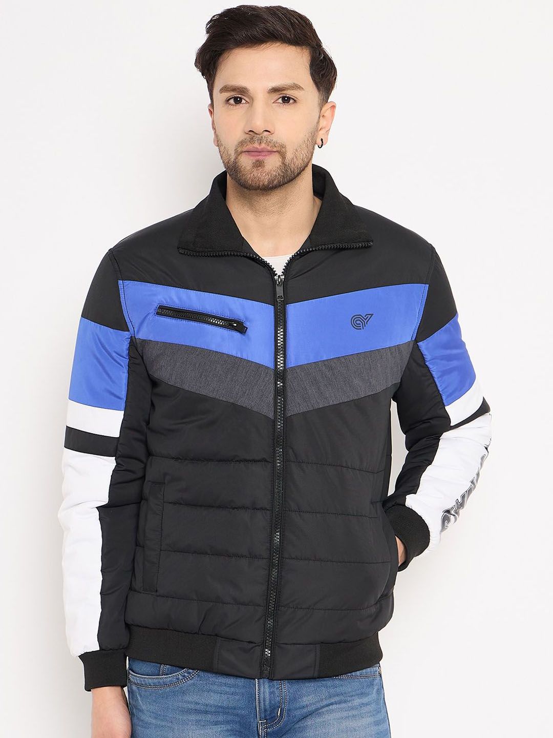 Club York Men Mock Collar Colourblocked Casual Puffer Lightweight Jacket