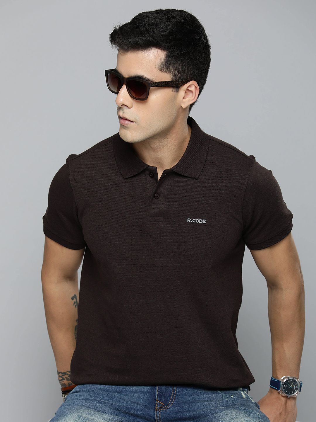 R.Code by The Roadster Life Co. Men Solid Polo Collar Cotton T-shirt