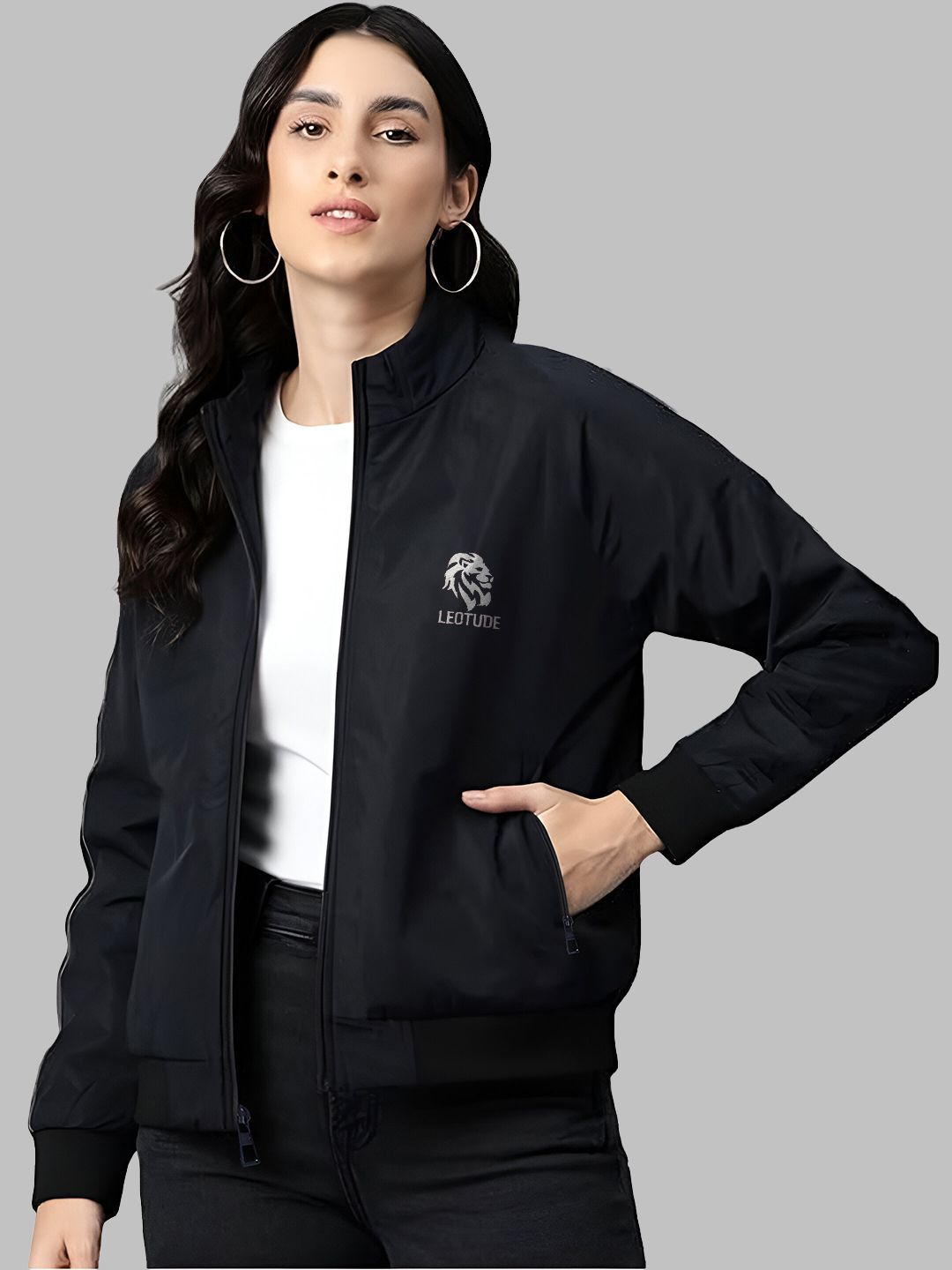 Leotude Women Mock Collar Solid Casual Bomber Windcheater Jacket