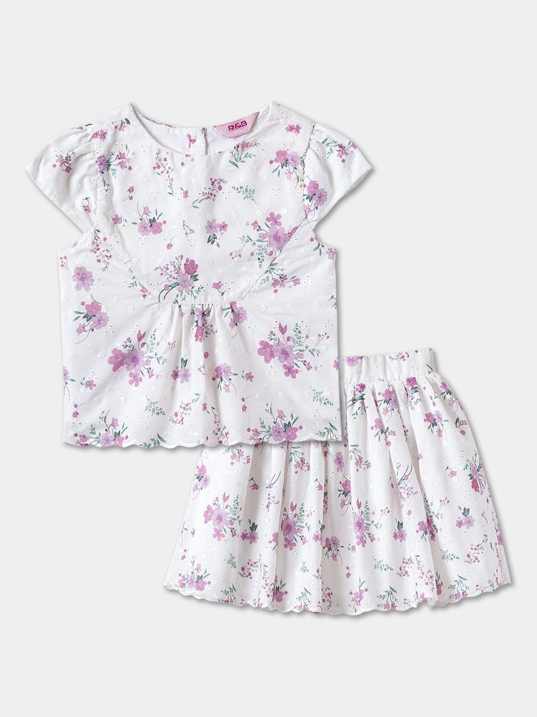 R&B Girls Round Neck Printed Top With Skirt
