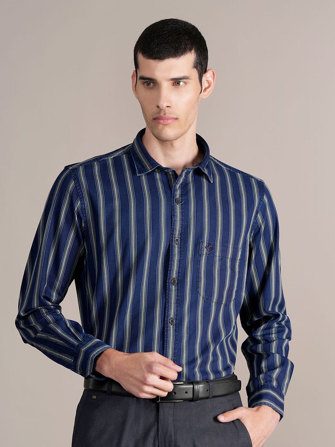Cantabil Men Spread Collar Vertical Striped Cotton Casual Shirt