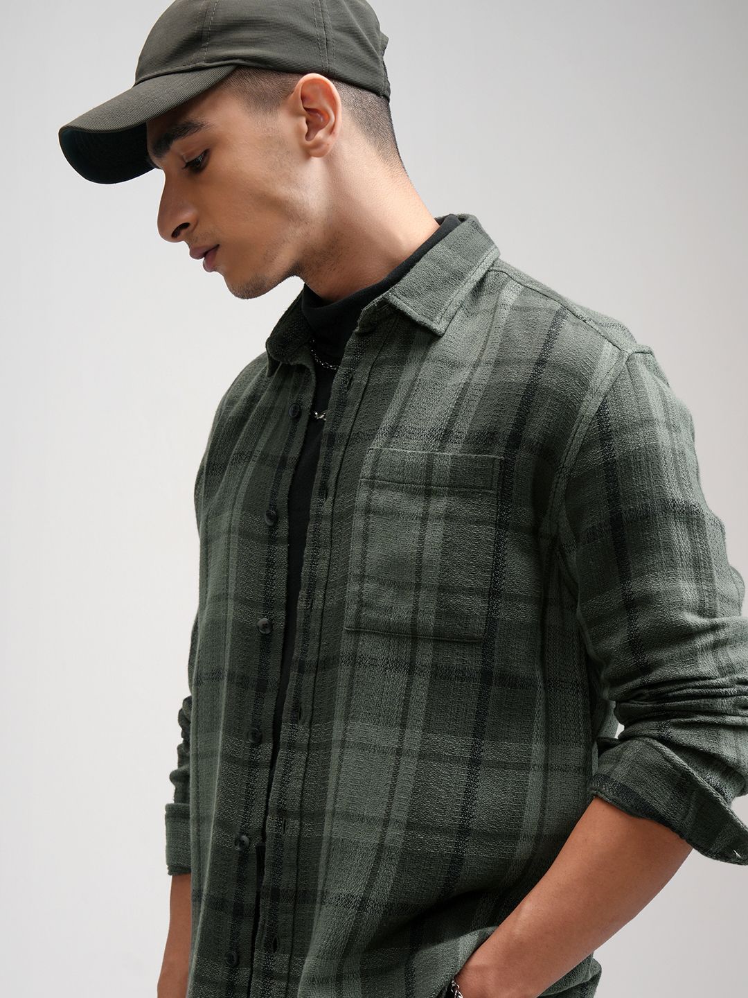 HIGHLANDER HIGHLANDER Men Herringbone Melange Textured Checked Relaxed Overshirt