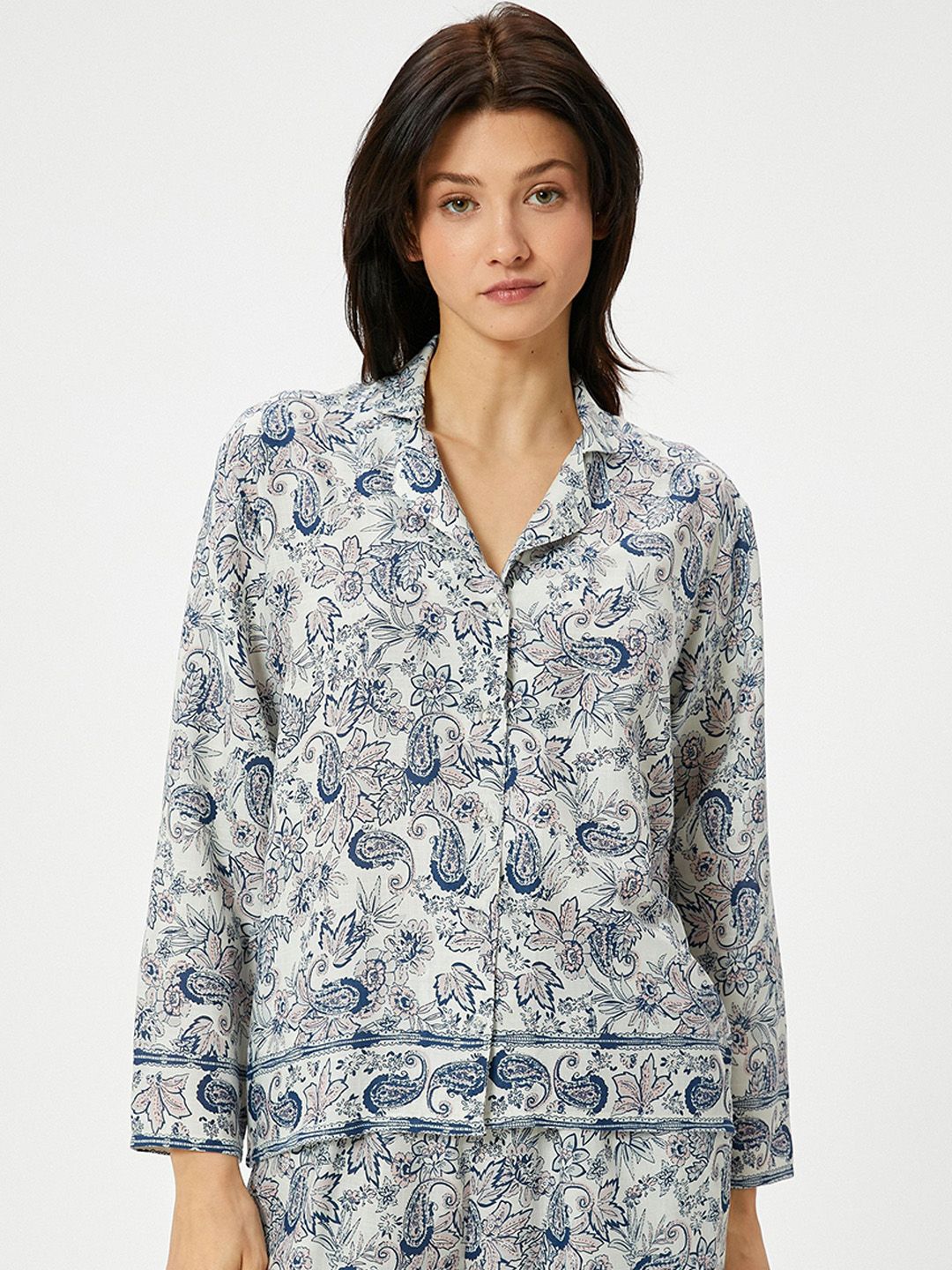 Koton Women Printed Lapel Collar Night Suit