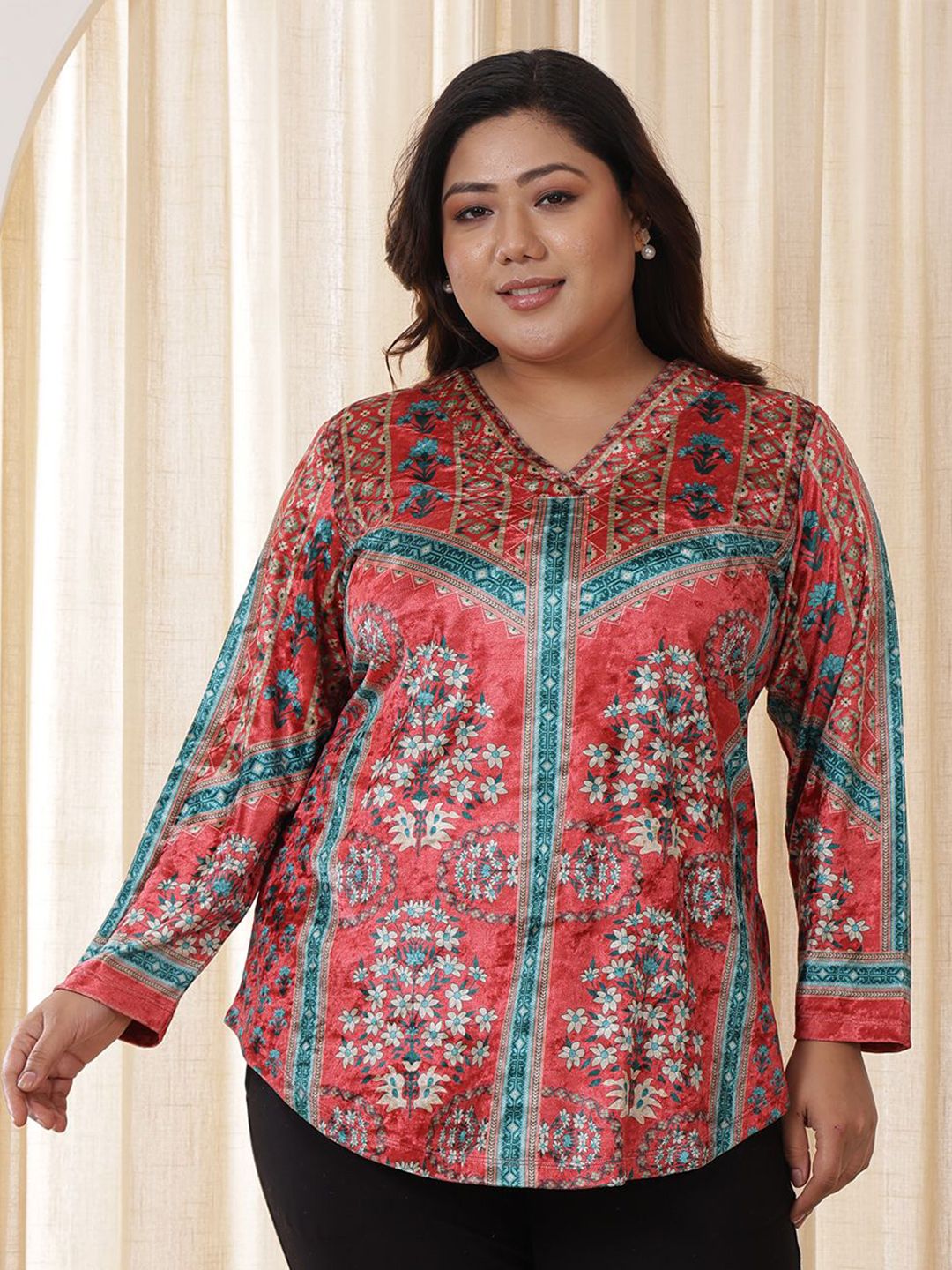 Amydus Floral Print Plus Size Teal Velvet Top