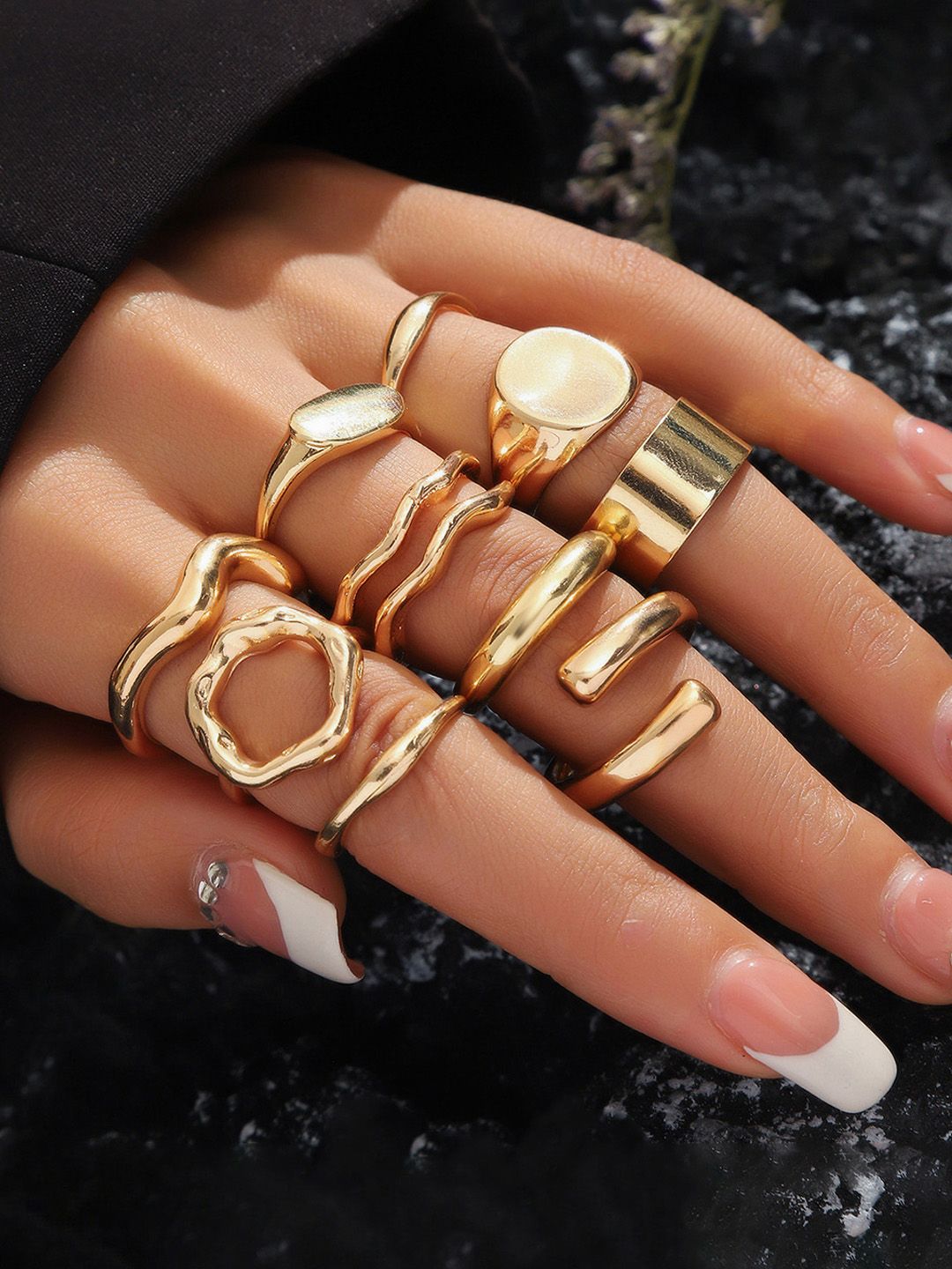 Buy Jewels Galaxy Set Of 10 Gold-Plated Adjustable Finger Ring