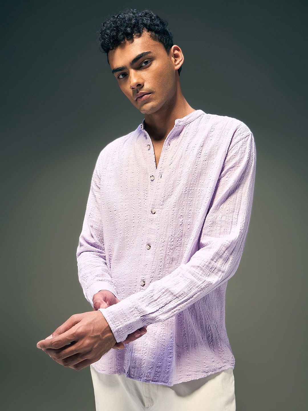 Flying Machine Men Mandarin Collar Textured Cotton Casual Shirt