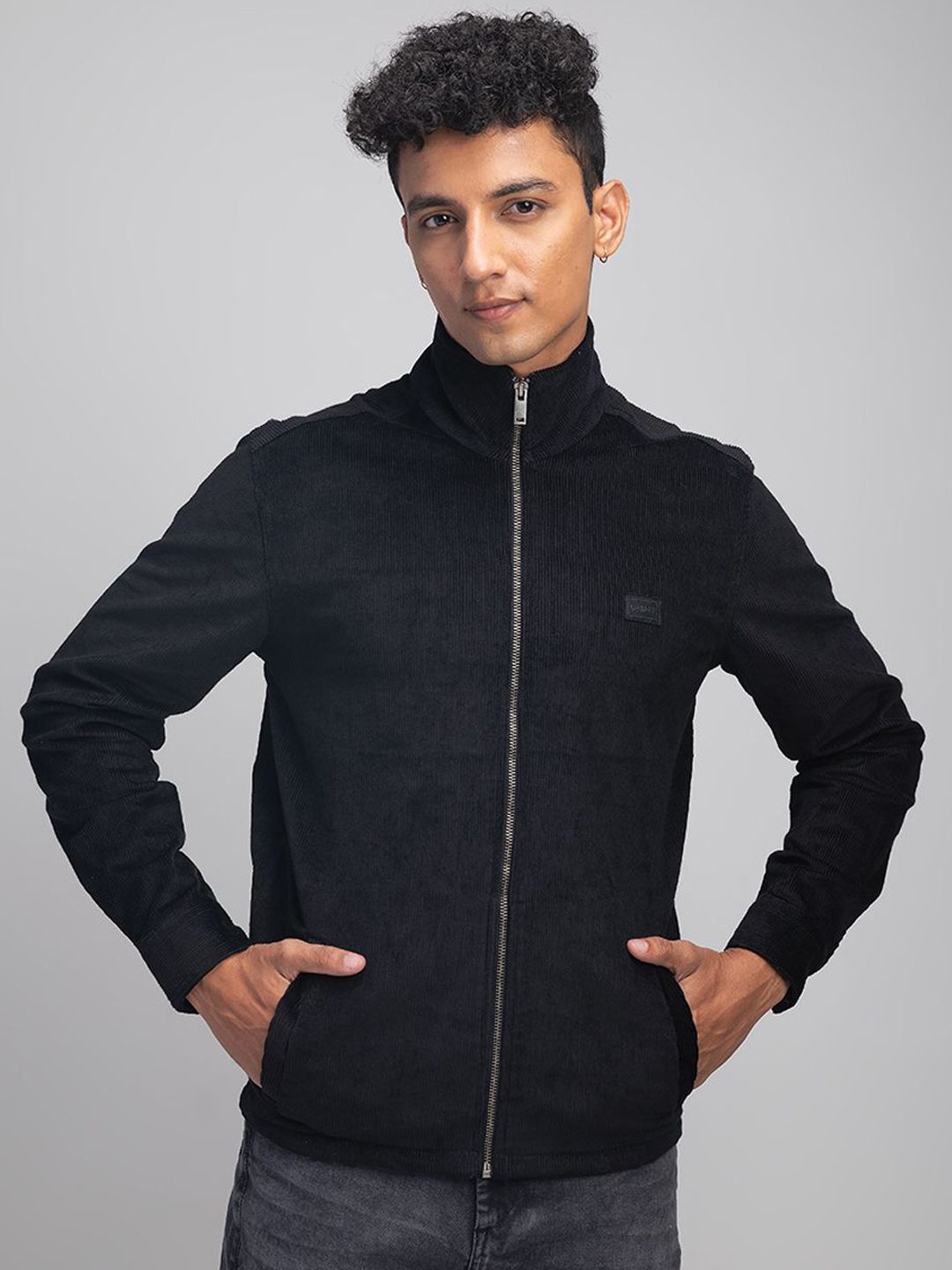 URBARO Men Mock Collar Solid Casual Tailored Jacket
