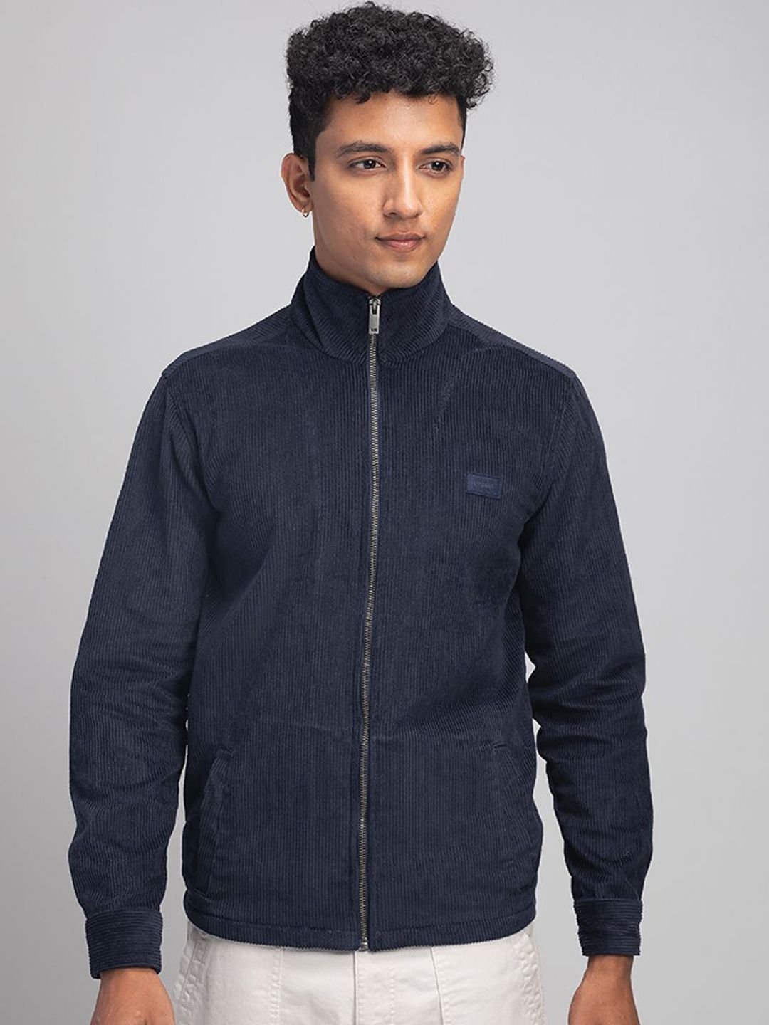 URBARO Men Mock Collar Self Design Casual Bomber Jacket