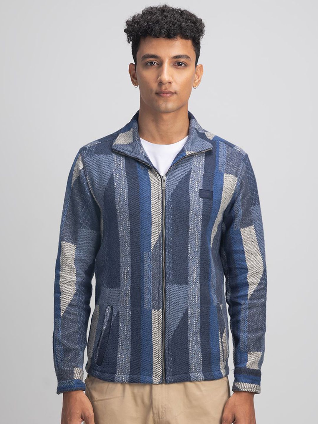 URBARO Men Mock Collar Striped Cotton Casual Tailored Jacket