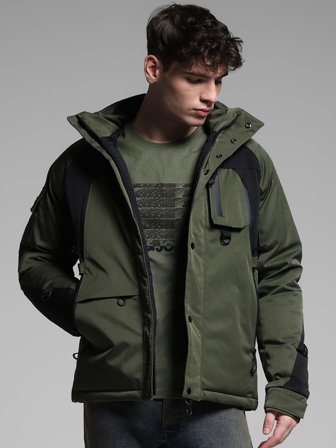 Jack & Jones Men Hooded Colourblocked Casual Padded Jacket