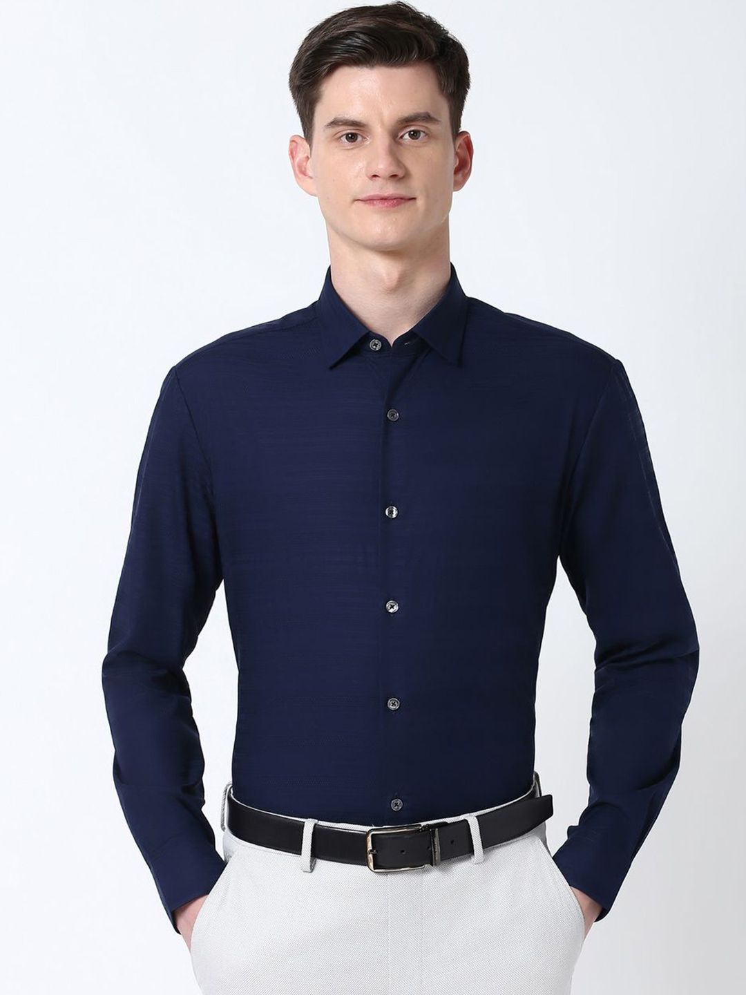 Peter England Elite Men Spread Collar Horizontal Striped Cotton Slim Fit Formal Shirt