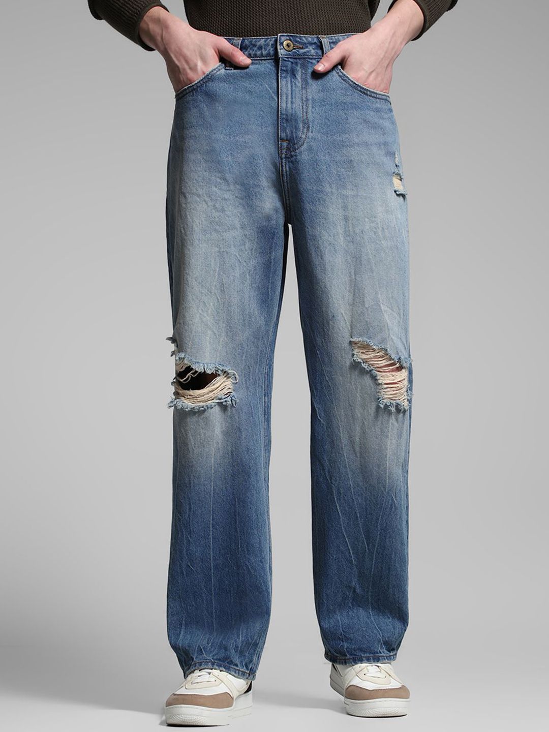 Jack & Jones Men Cotton Wide Leg High-Rise Highly Distressed Heavy Fade Jeans deal from myntra Jack & Jones Men Cotton Wide Leg High-Rise Highly Distressed Heavy Fade Jeans deal from myntra