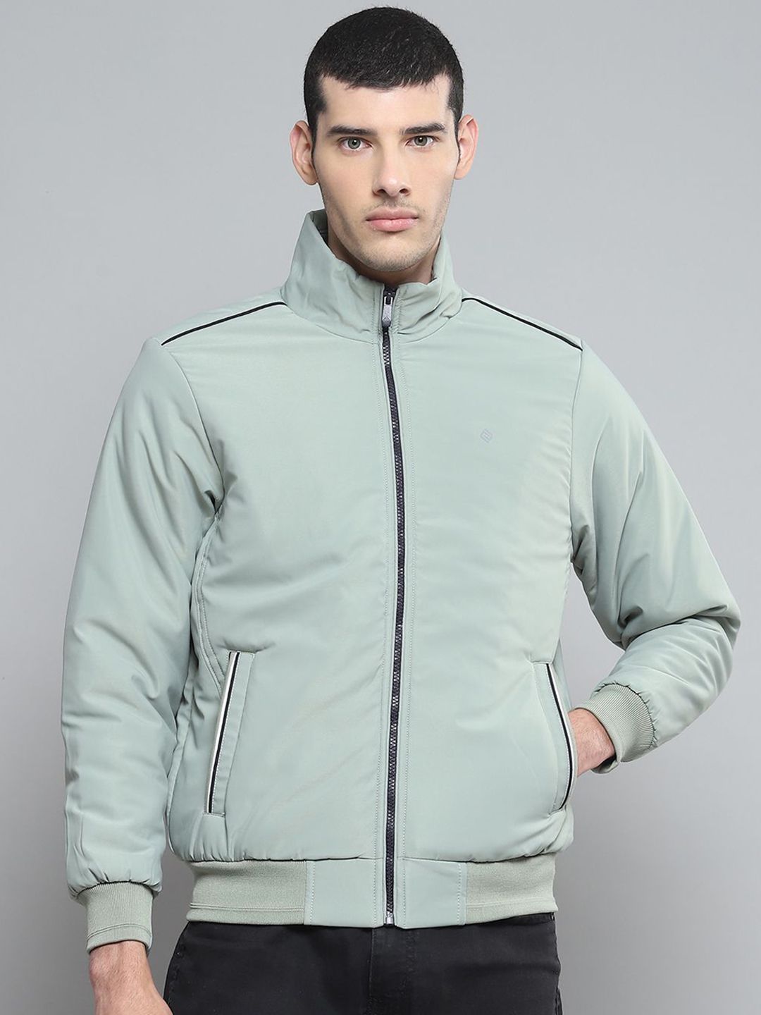 Cloak & Decker Men Mock Collar Solid Casual Bomber Lightweight Jacket
