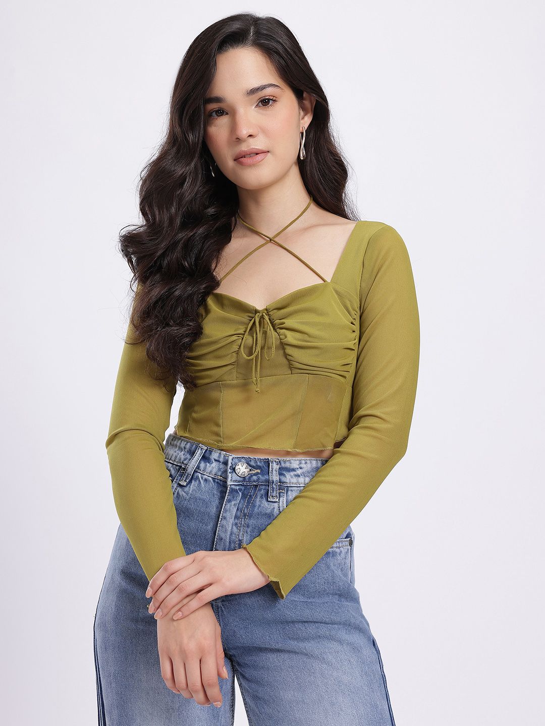 Buy glitchez Criss-Cross Neckline Tie-Up Ruched Net Crop Corset