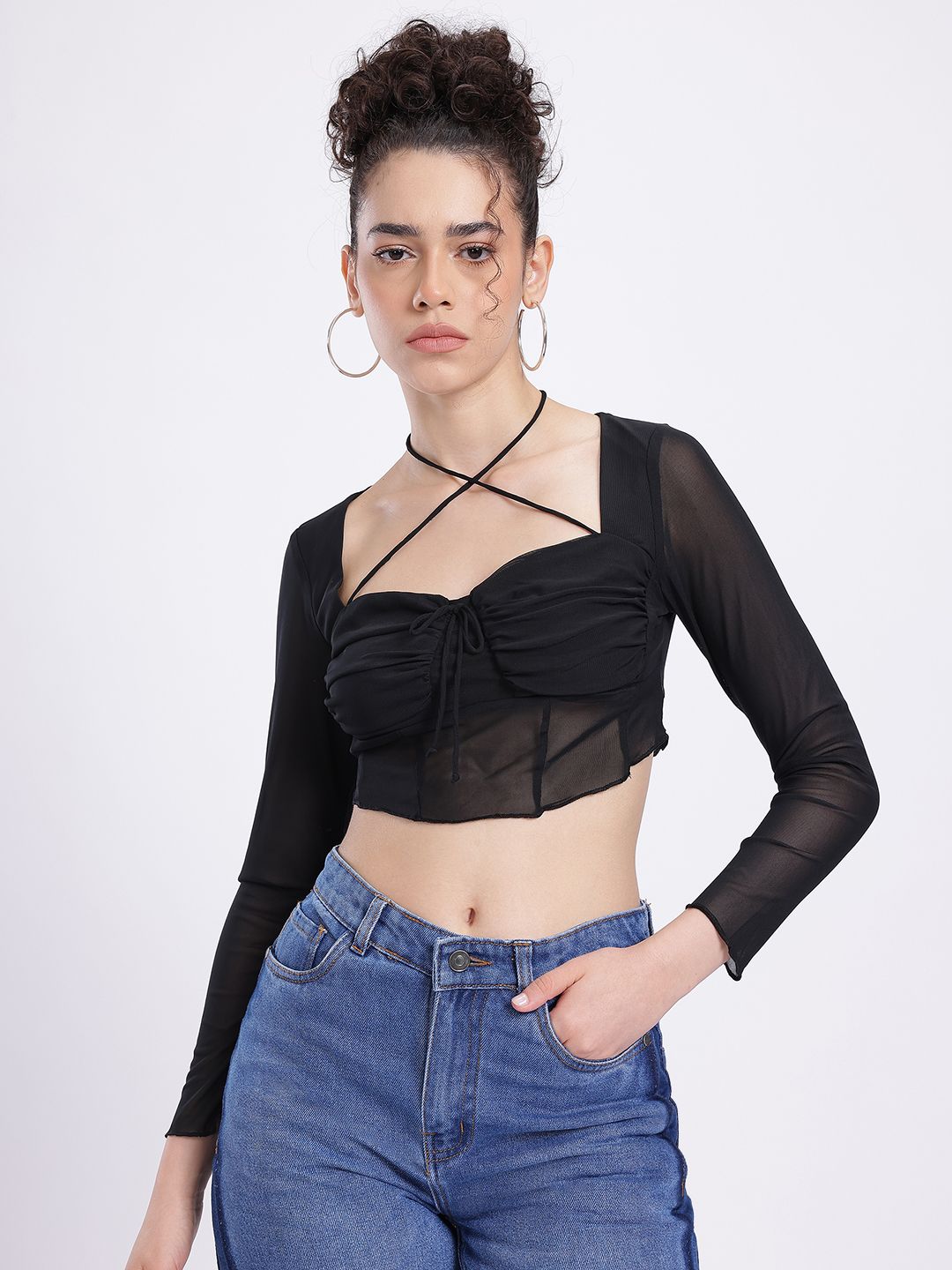 Buy glitchez Criss-Cross Neckline Tie-Up Ruched Net Corset Crop