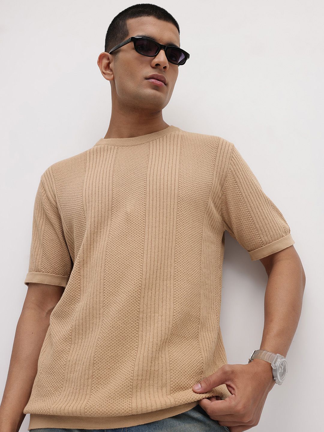 The Roadster Life Co. Self-Striped Knitted Pure Cotton T-shirt