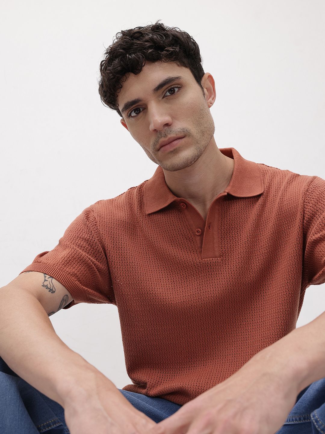 The Roadster Life Co. Polo Collar Open Knit Cotton T-shirt
